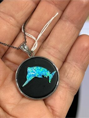 Round Dolphin Opal Pendant Necklace - Blue/Green Inlay